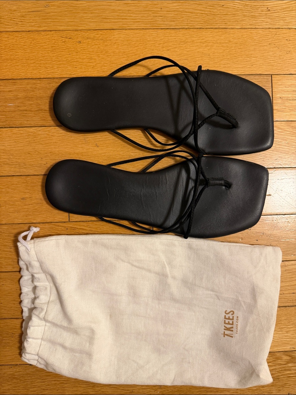 TKEES Black Square Toe Strappy Elle Flat Sandals - Picture 4 of 5